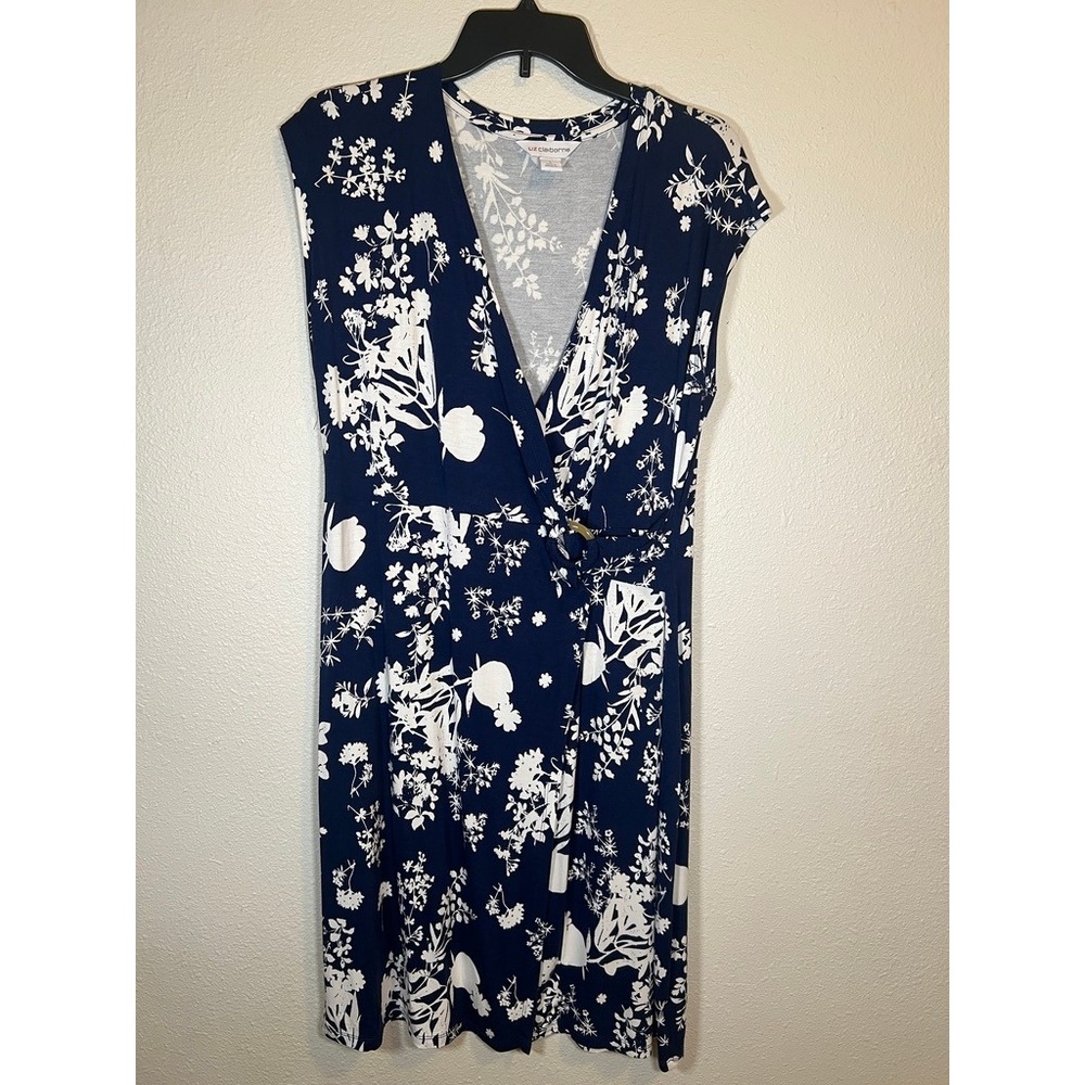Liz Claiborne Faux Wrap Dress Large Navy Blue White Floral V-Neck Cap Sleeve